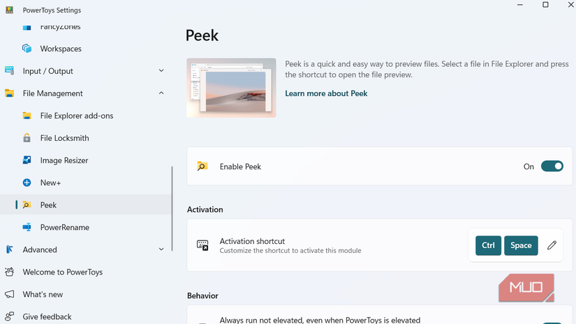 PowerToys Peek feature settings
