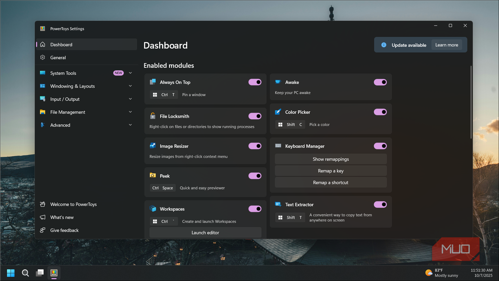 PowerToys settings tab open on Windows 11 desktop