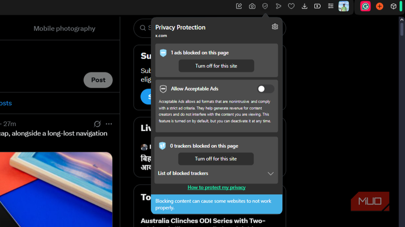 Privacy protection pop-up panel within Opera browser.