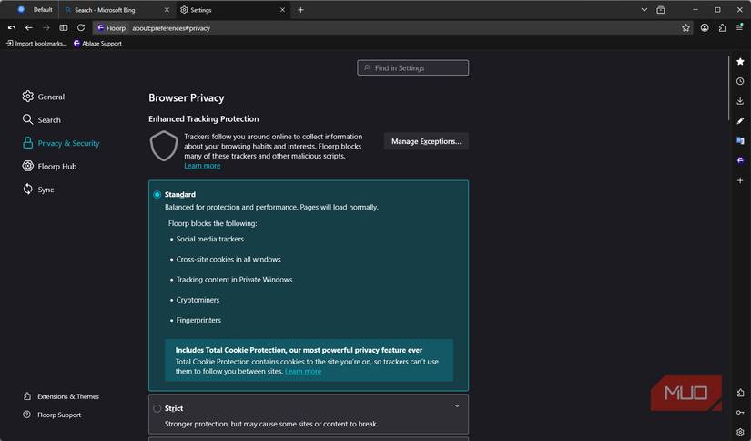 Privacy settings on the Floorp browser