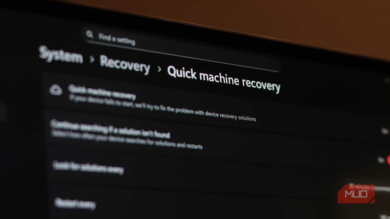 Quick machine recovery feature in Windows settings.