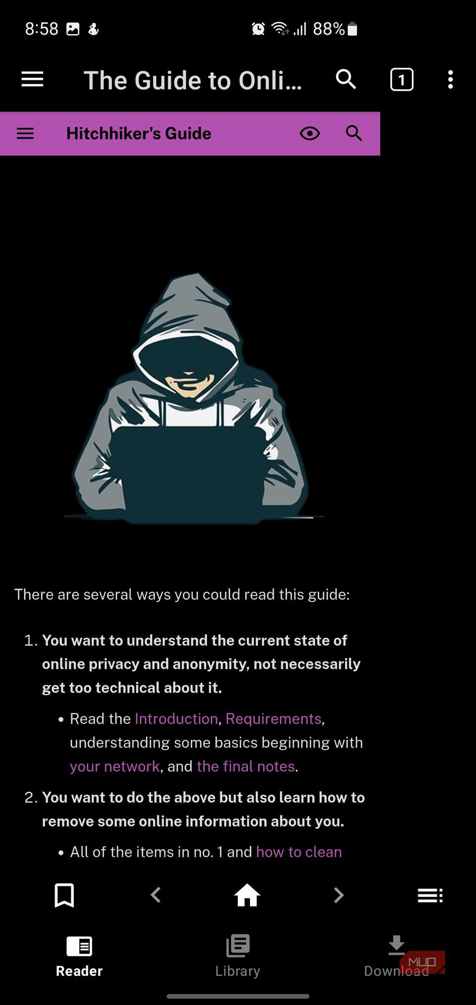 Reading a WiKi guide offline on Kiwix app.