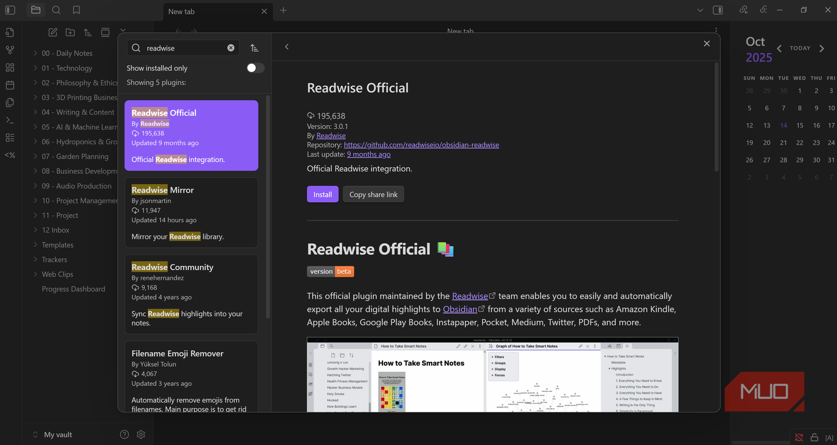 Install Readwise official plugin