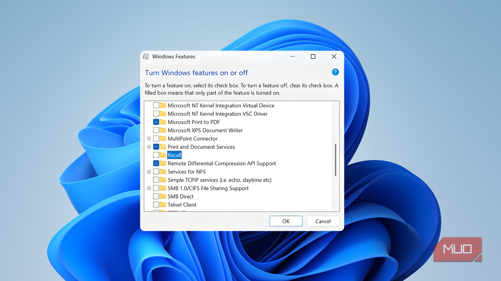 Recall in Windows features dialog