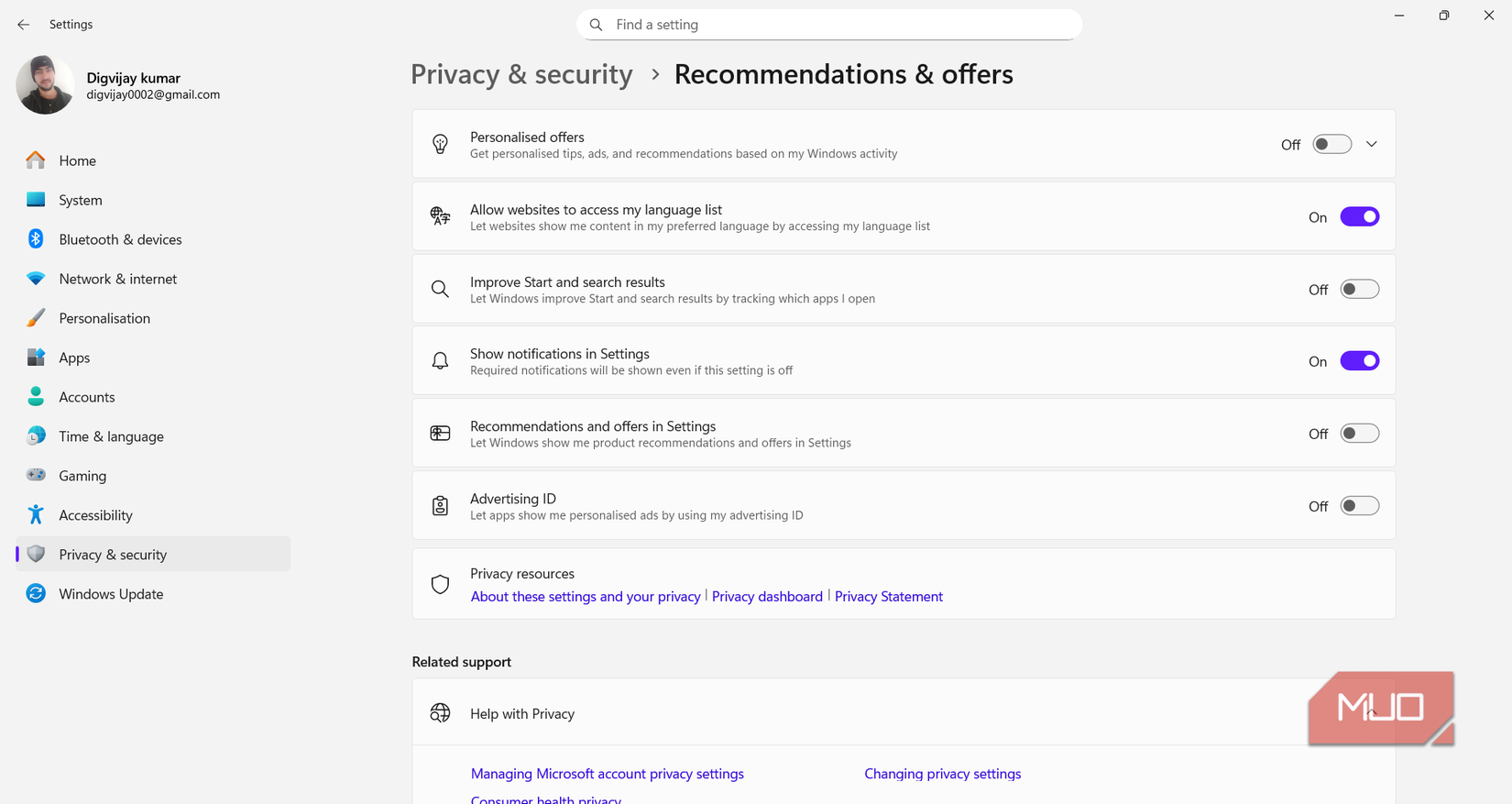 Recommendations and offers settings in Windows 11 privacy menu