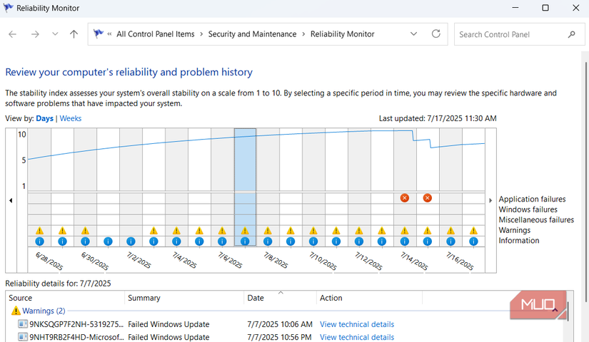Reliability Monitor window in Windows 11