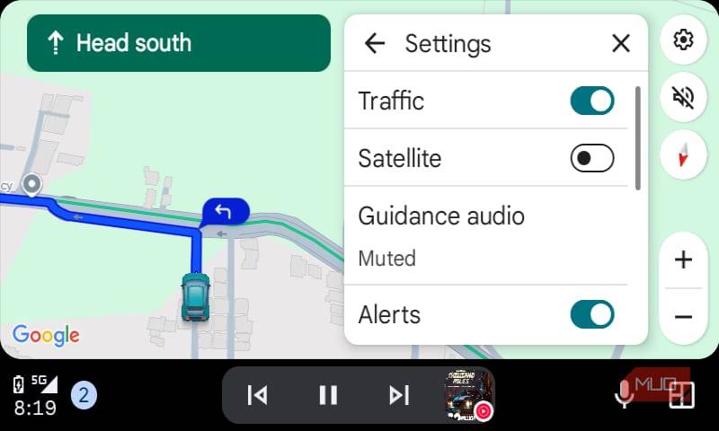 Route settings in Google Maps on Android Auto.