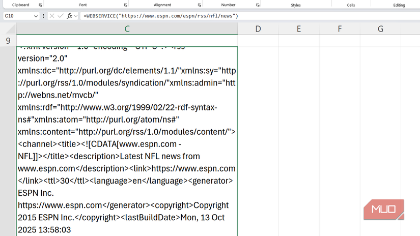 RSS data from ESPN extracted though the WEBSERVICE function in Excel.
