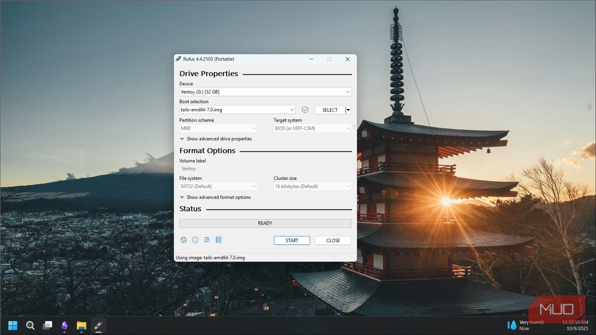 Rufus open on a Windows 11 desktop with the tails OS img selected