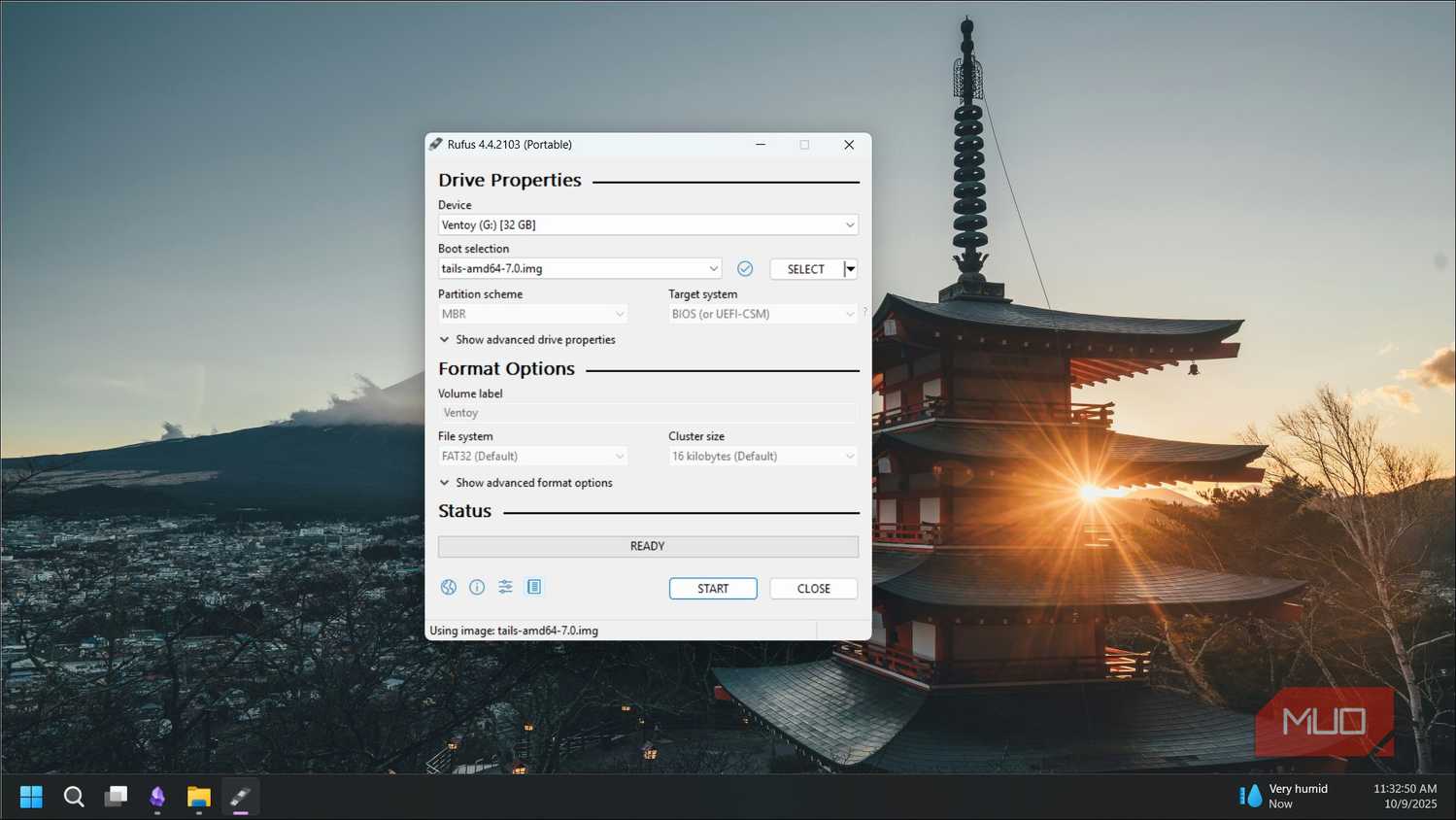 Rufus open on a Windows 11 desktop with the tails OS img selected