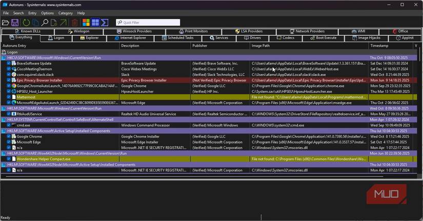 Running services displayed on the Autoruns app