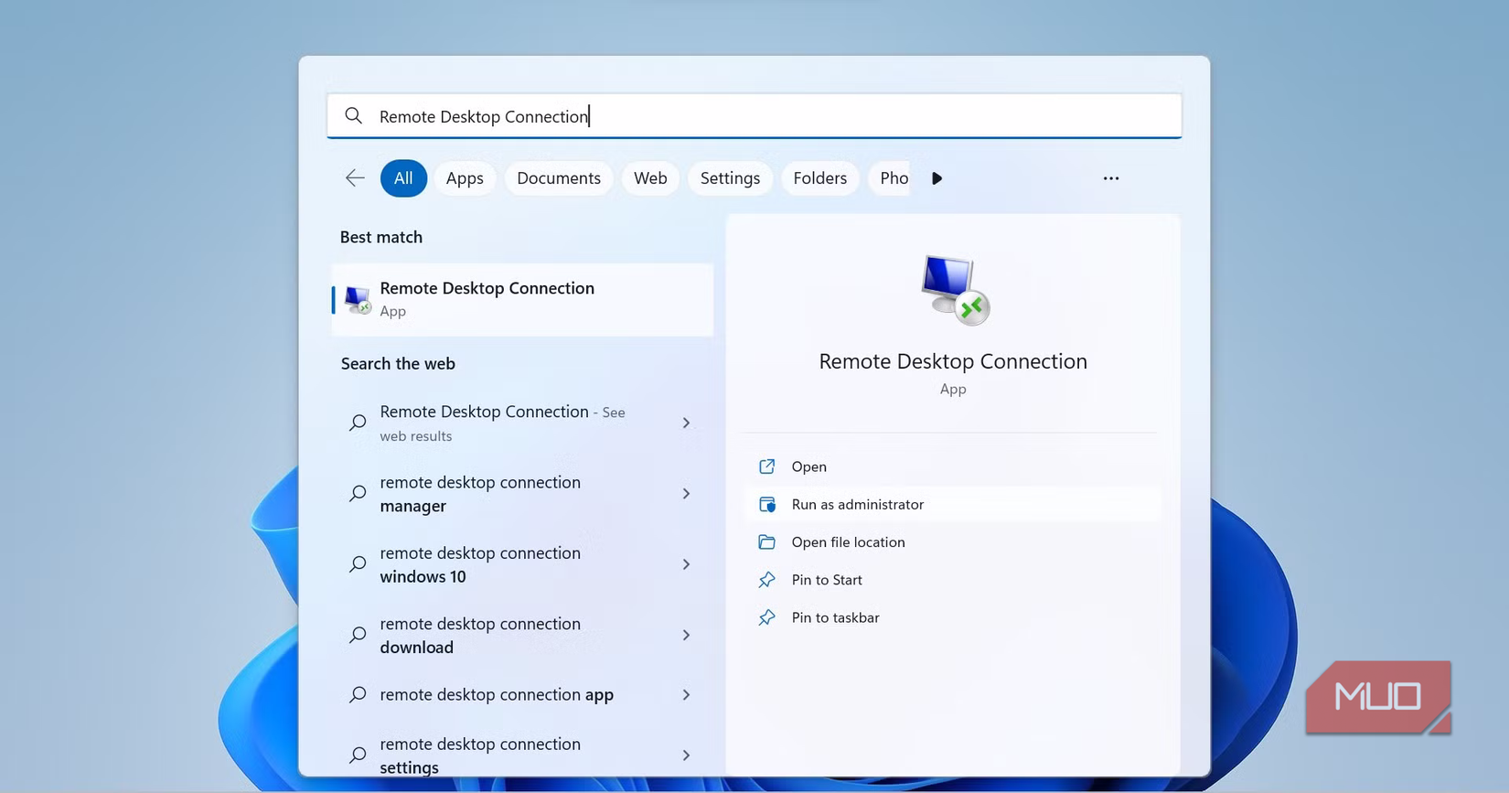 Running the Remote Desktop Connection App in Windows Search.