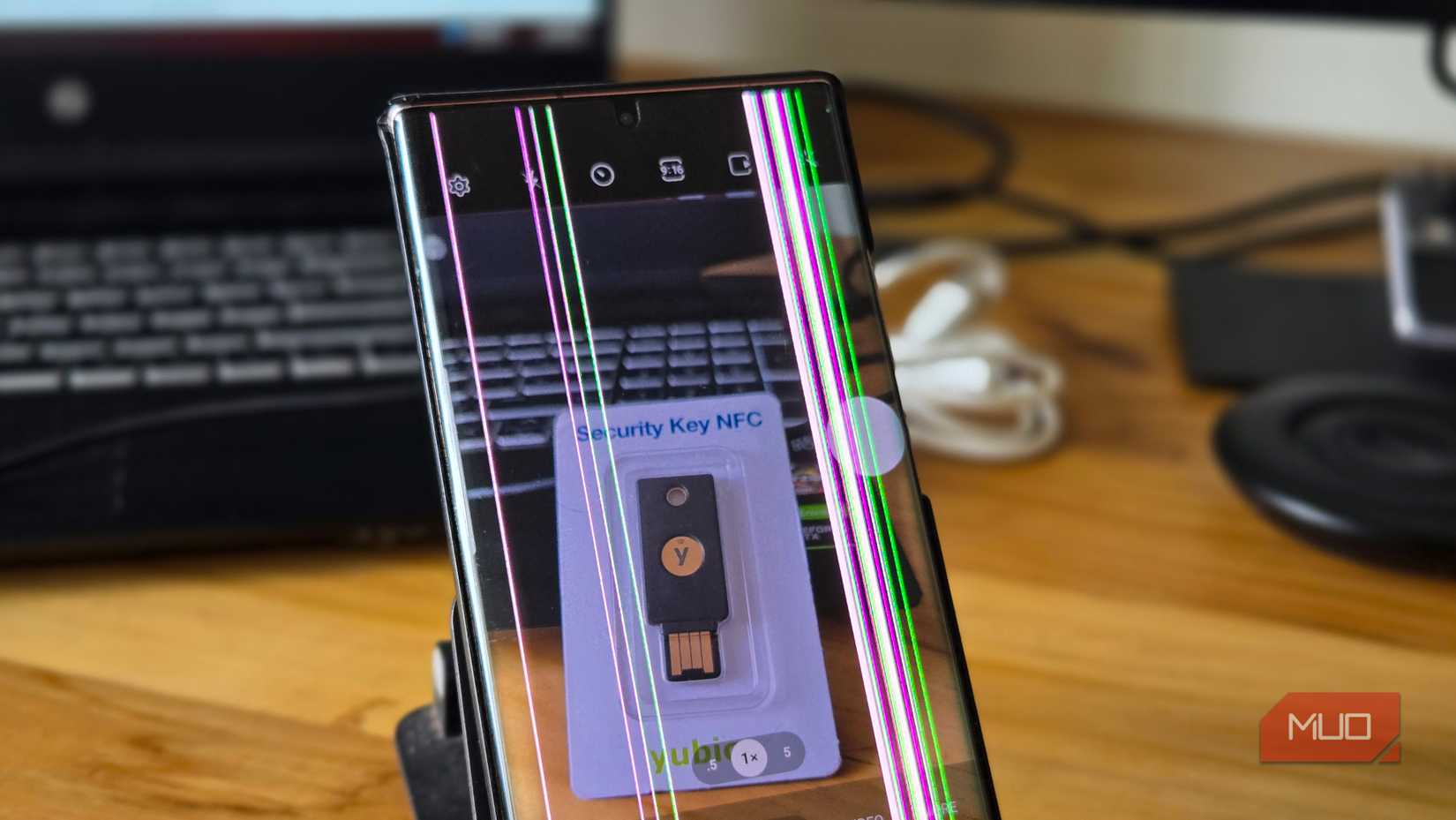 Samsung Galaxy Note 20 Ultra kept on a tab with the camera app open