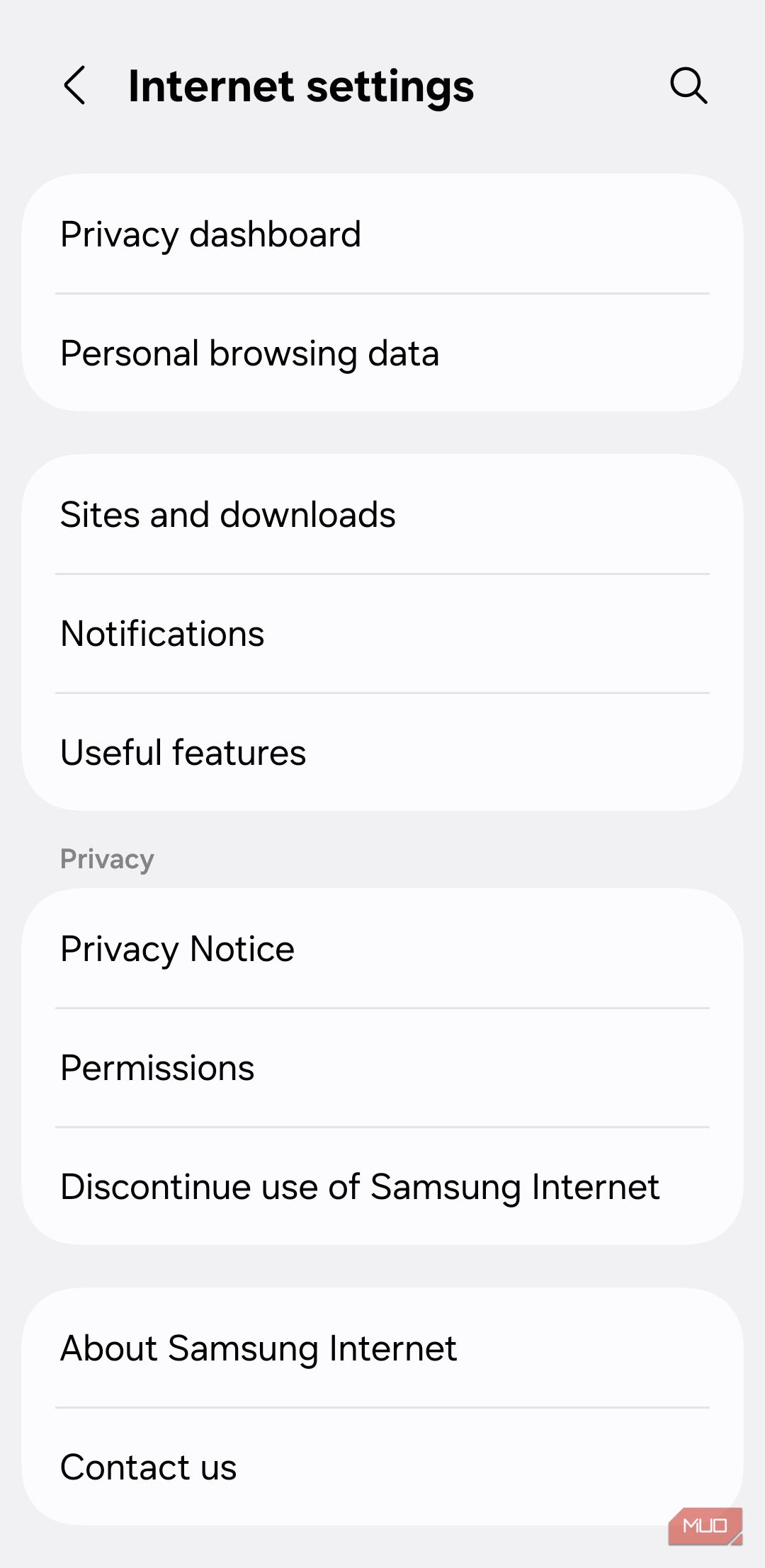 Samsung Internet settings menu on phone