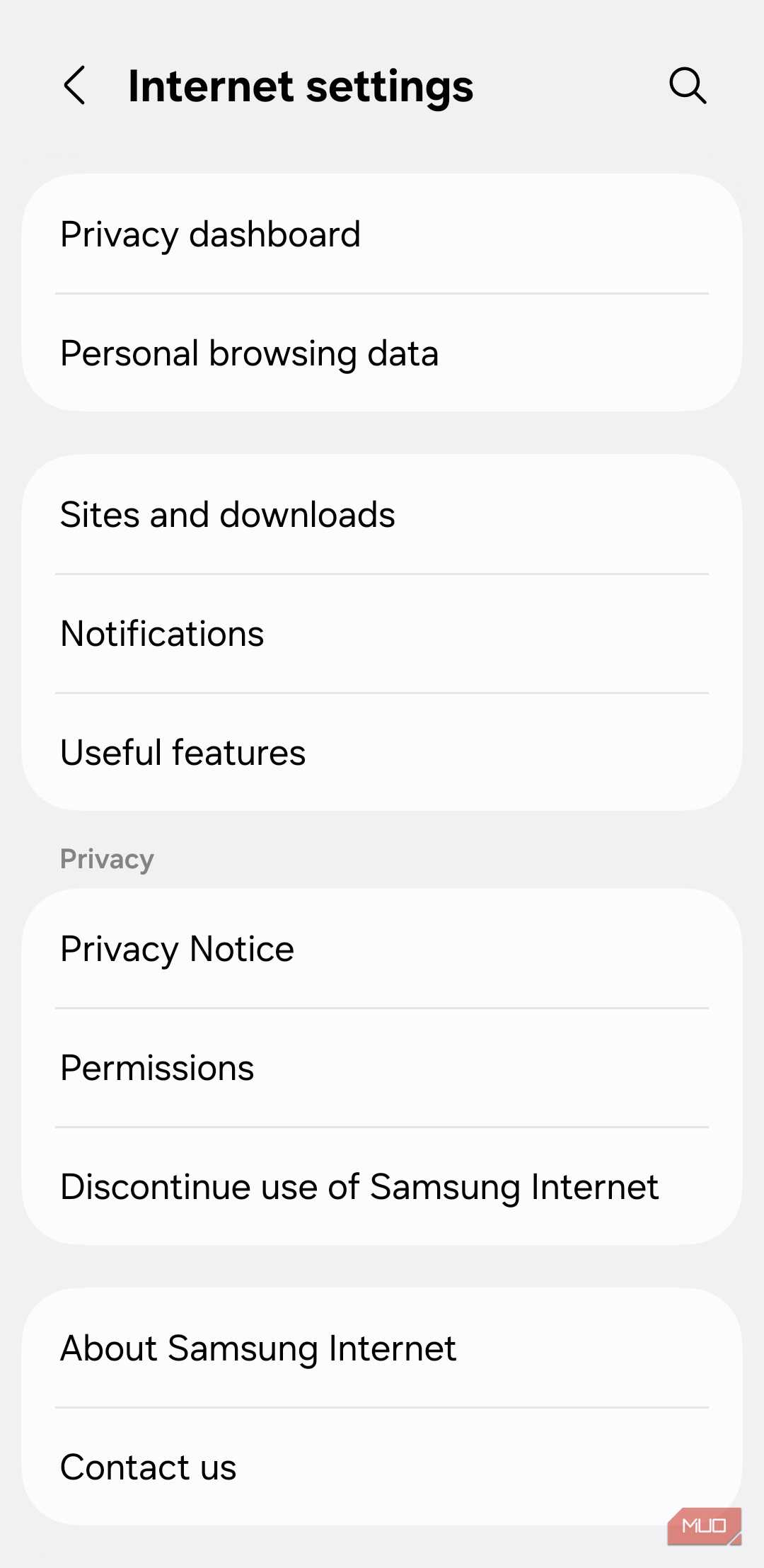 Samsung Internet settings menu on phone
