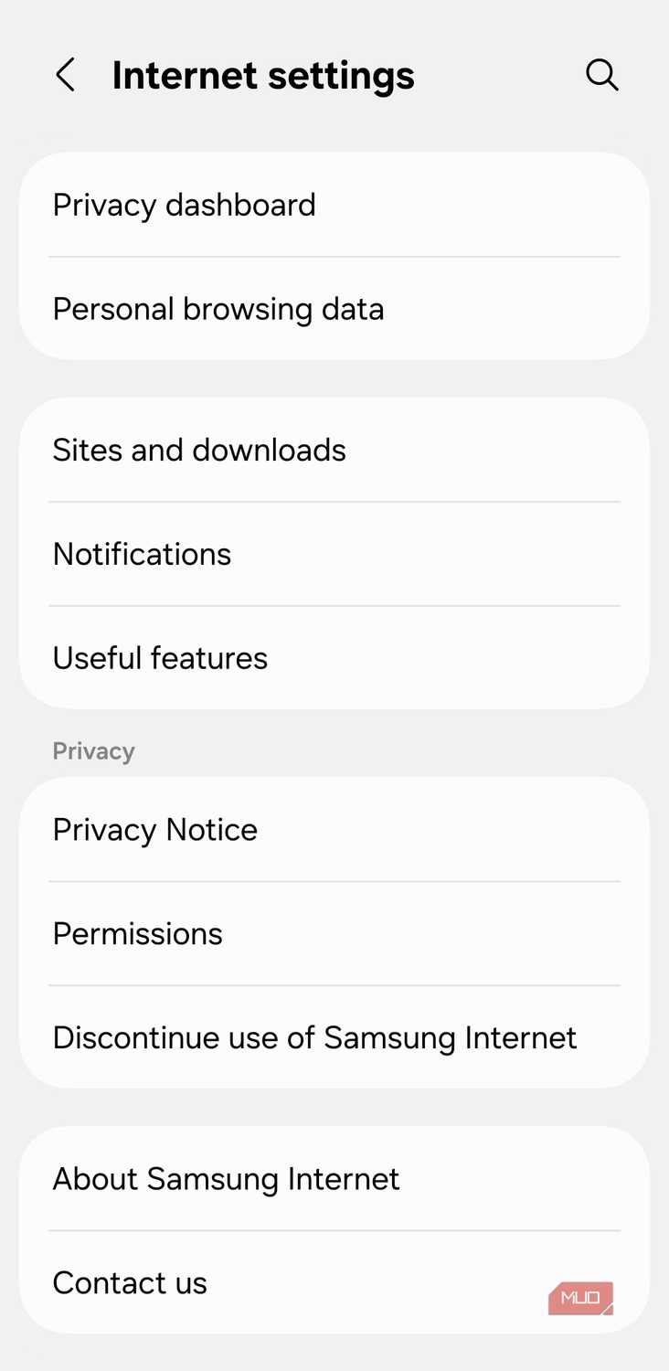 Samsung Internet settings menu on phone
