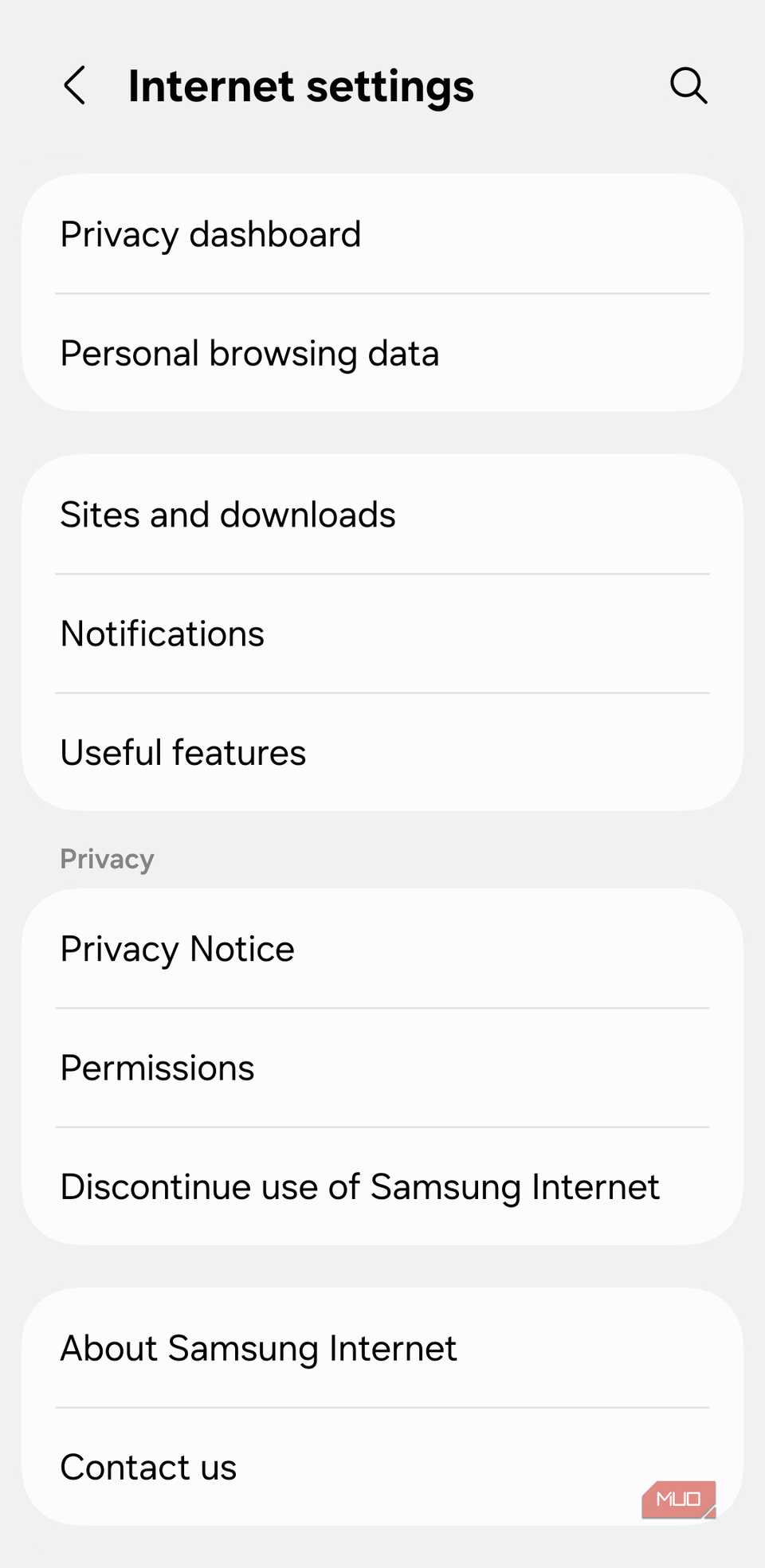 Samsung Internet settings menu on phone