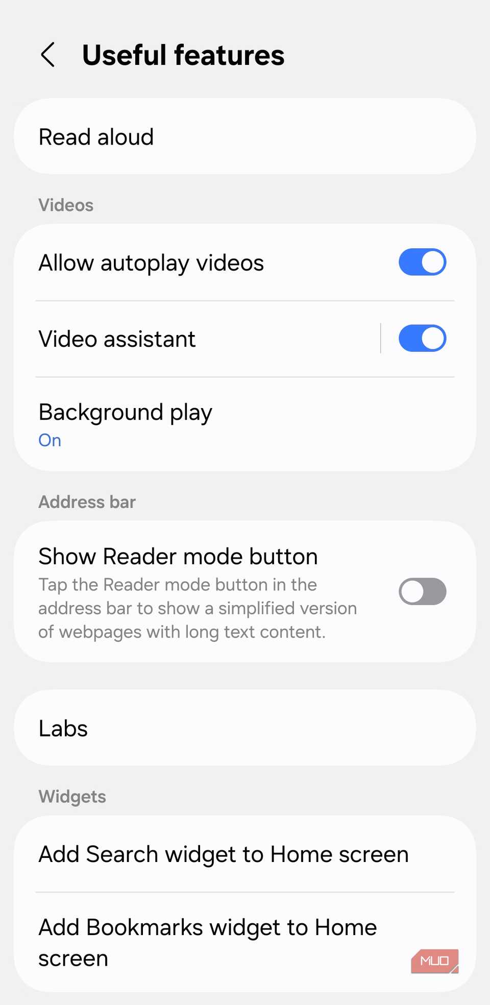 Samsung Internet useful features menu on phone