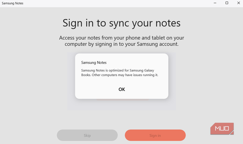 Samsung Notes app on PC showing warning message