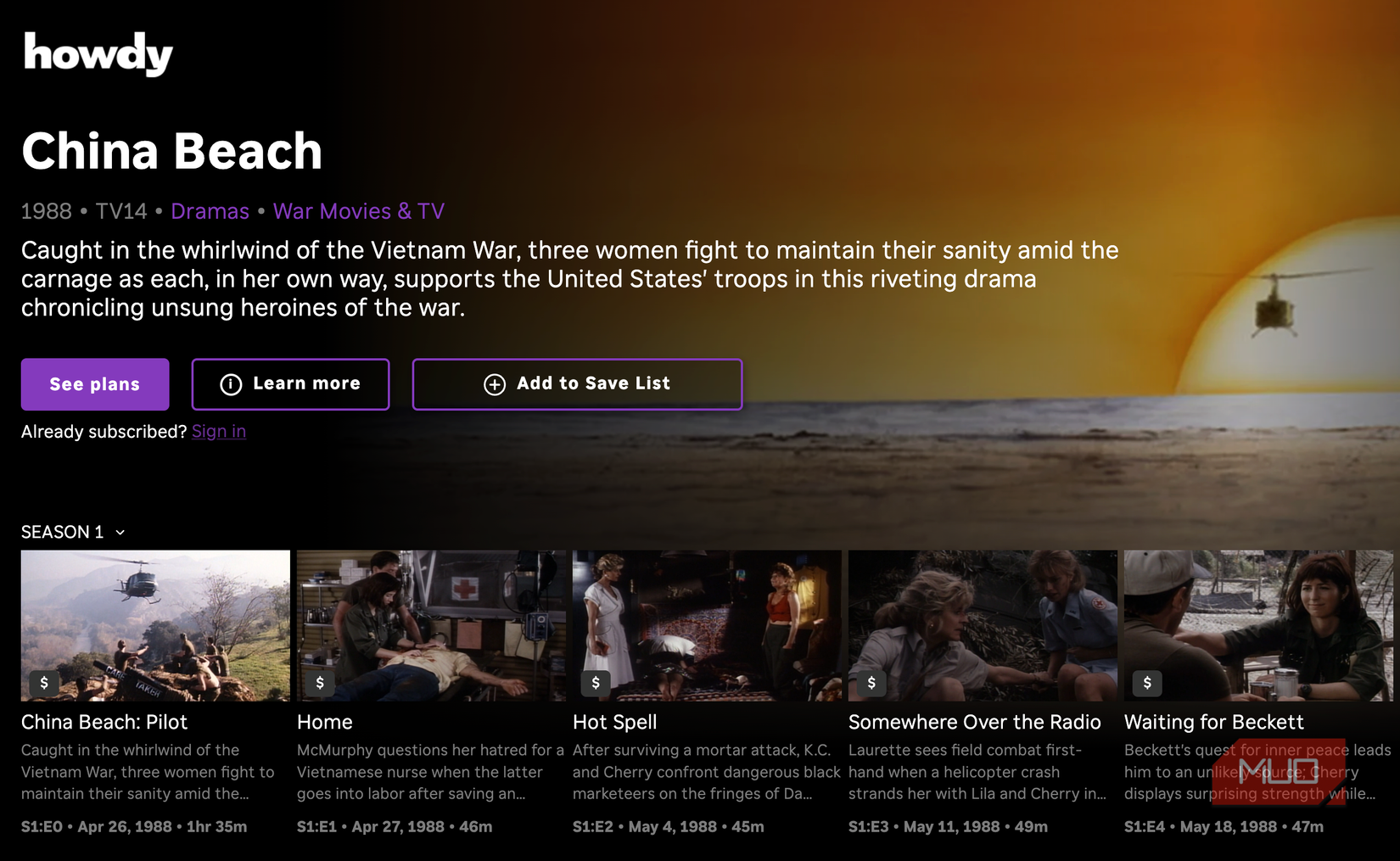 China Beach streaming on Howdy.