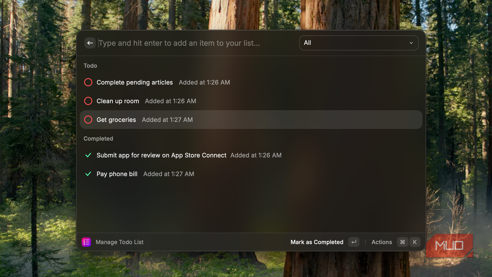 Raycast to-do app open with several tasks visible