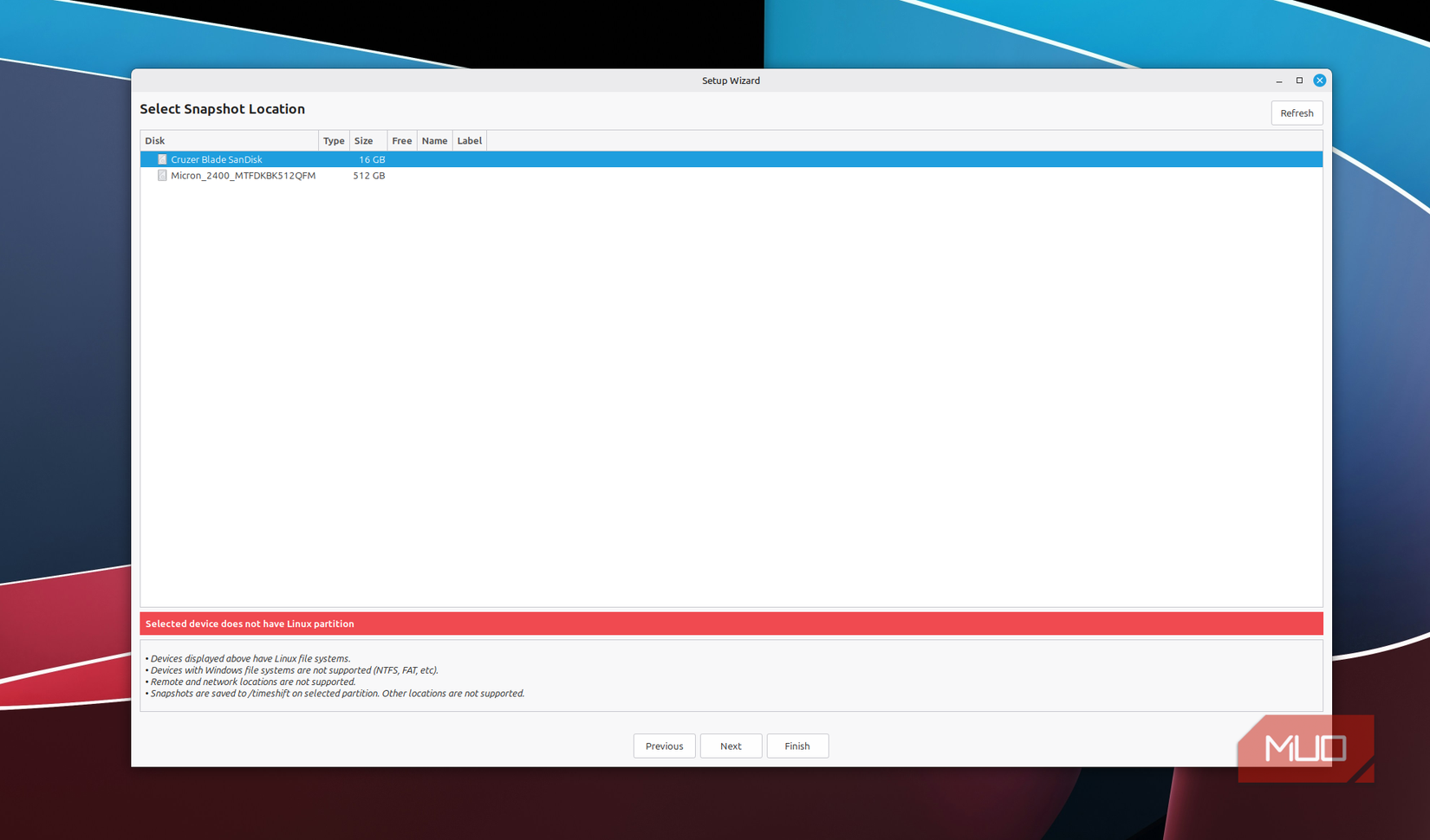 TimeShift open with 2 drives available to create a snapshot from