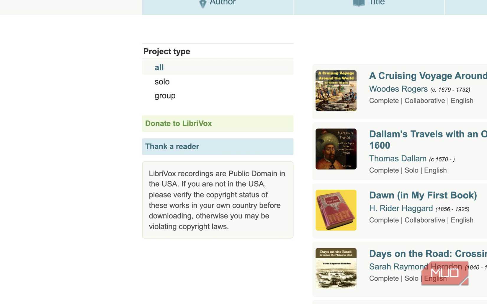 Screenshot of LibriVox legality message