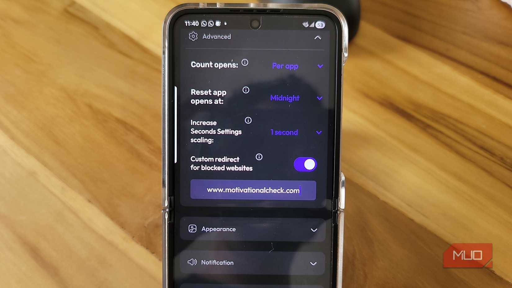 ScreenZen advanced options open on a Z Flip 6