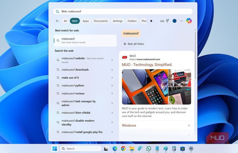 Searching MUO in Windows start menu