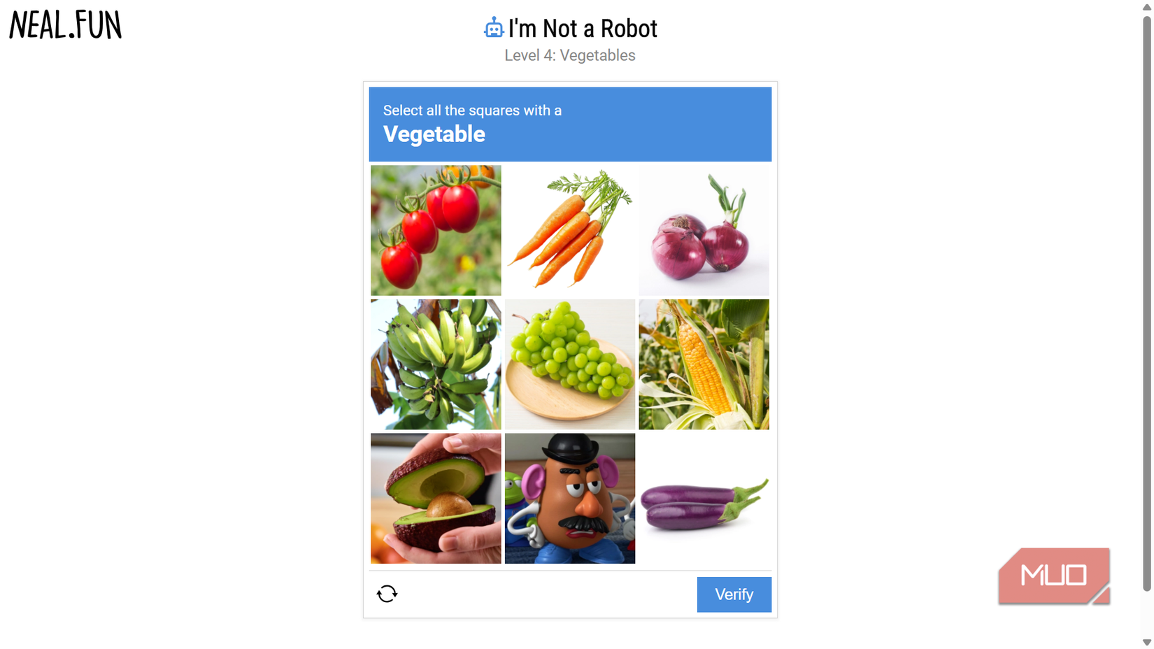 A CAPTCHA challenge to select veggies in a 3x3 food image grid.