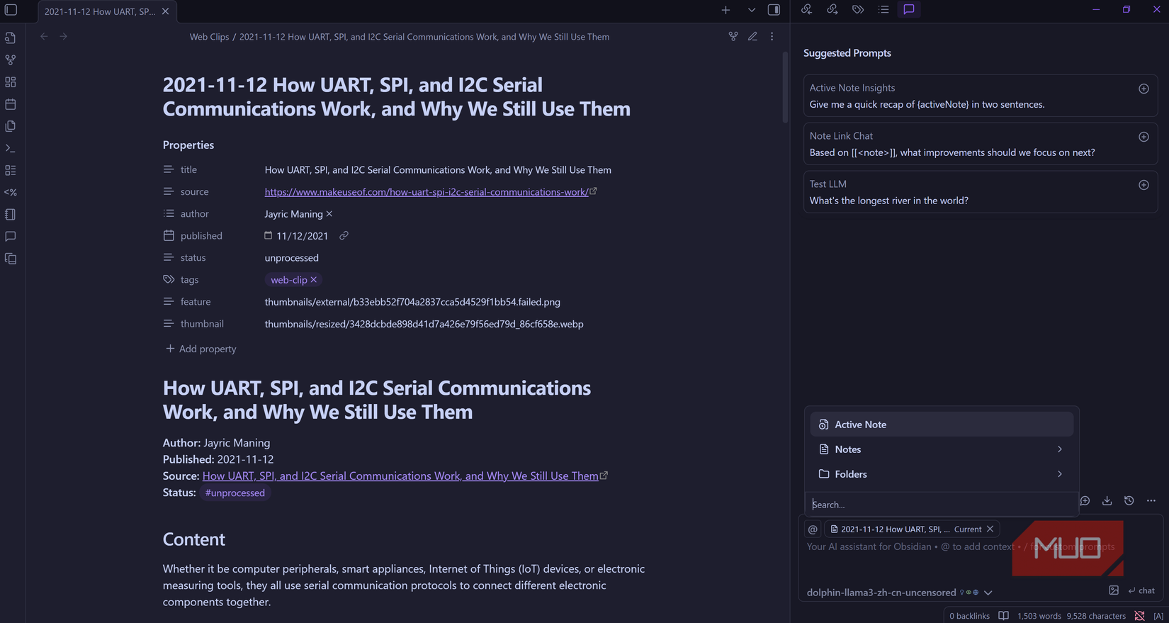Set up Copilot sidebar to use local model and add note as context