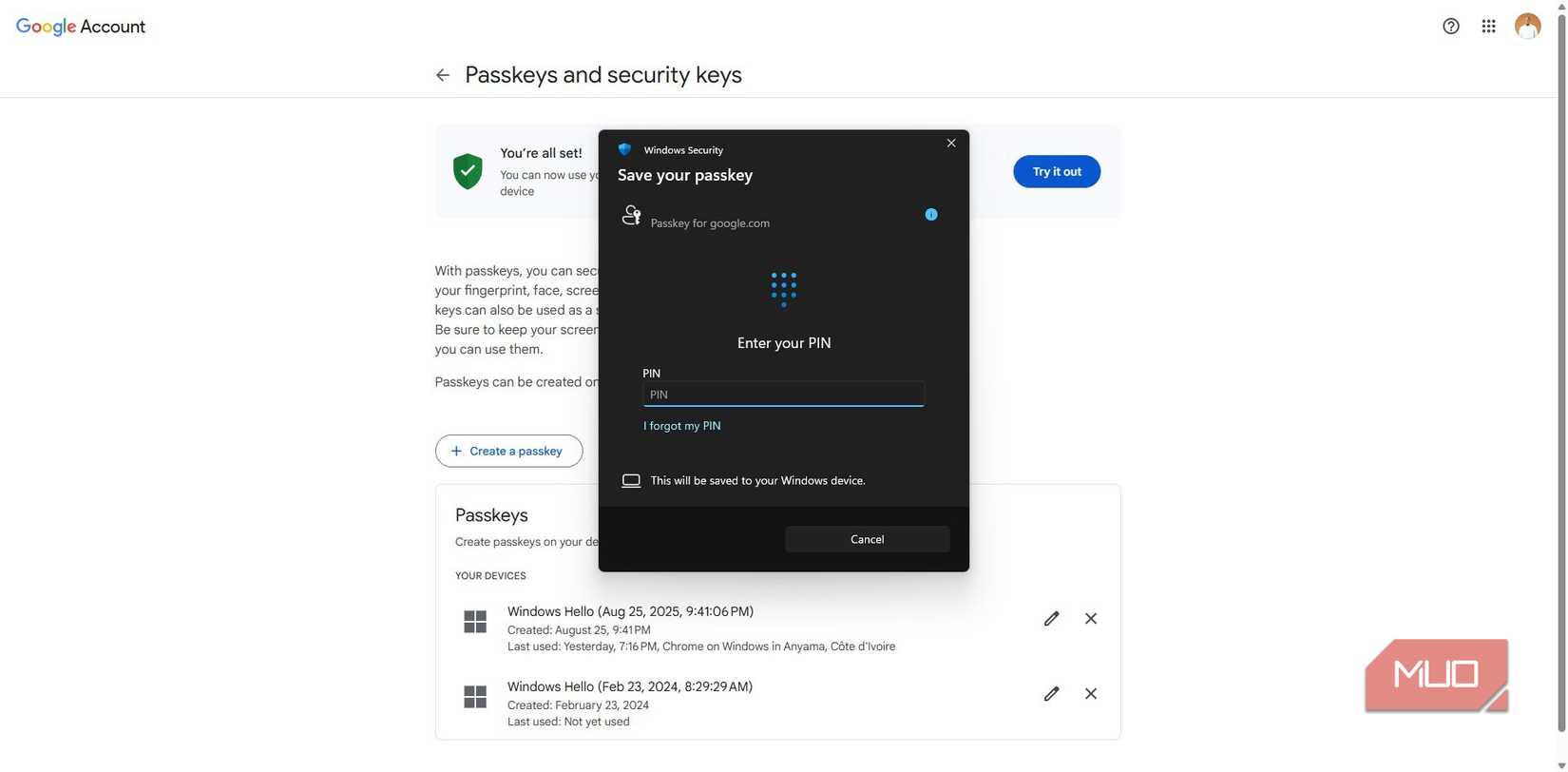 Setting up an extra passkey for Google account