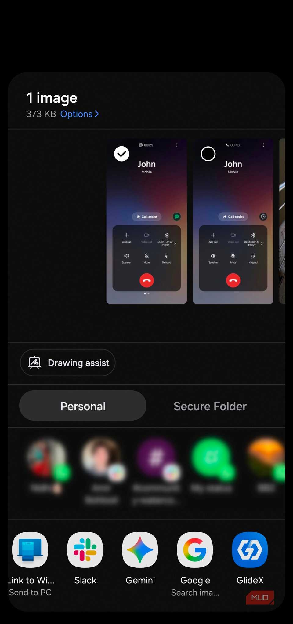Menú Compartir que muestra la pestaña Carpeta segura entre las aplicaciones