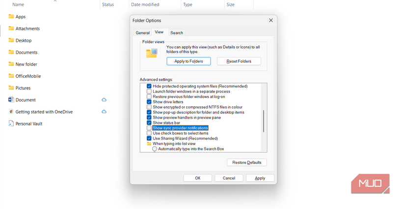 Show sync provider notifications option in Folder Options