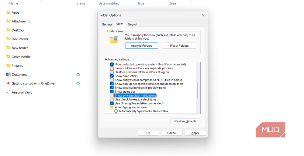 Folder Options showing the sync provider notifications toggle