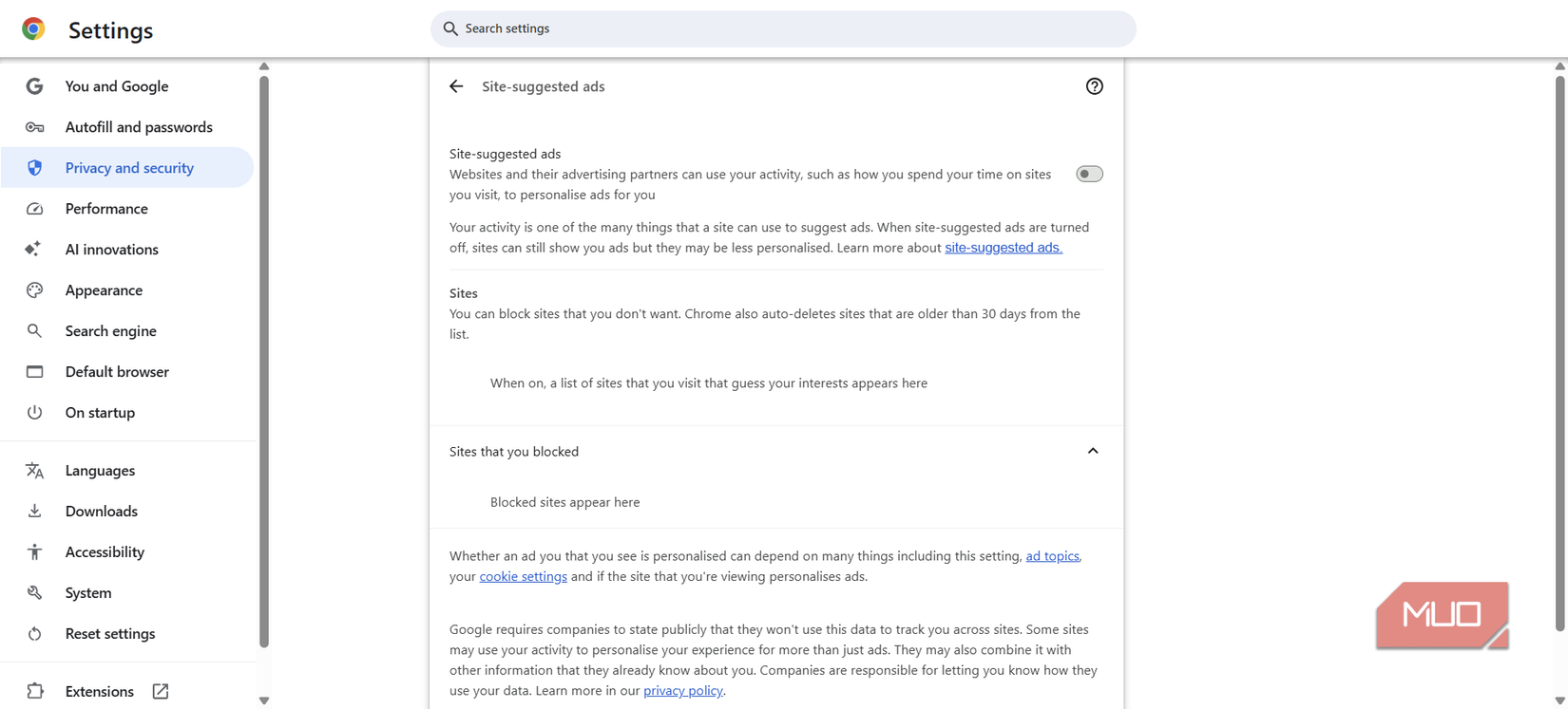 Site-suggested ads page in Chrome with the toggle turned off