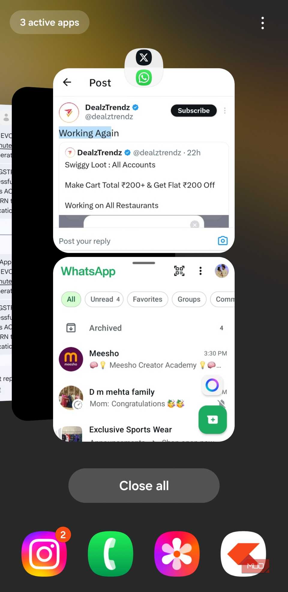 Aplicaciones de pantalla dividida en el menú de aplicaciones recientes