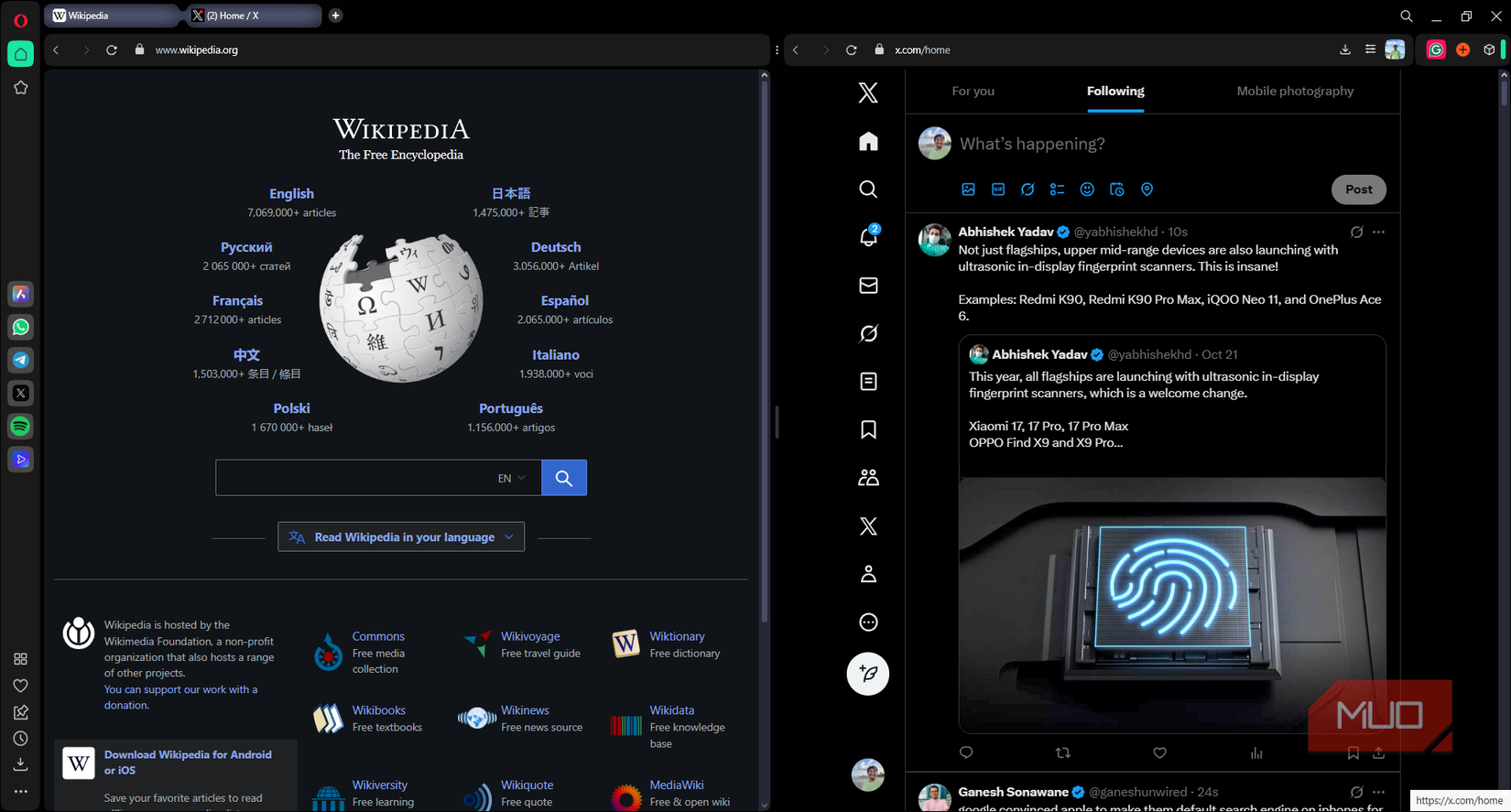 Split screen with two tabs open side by side in Opera browser.