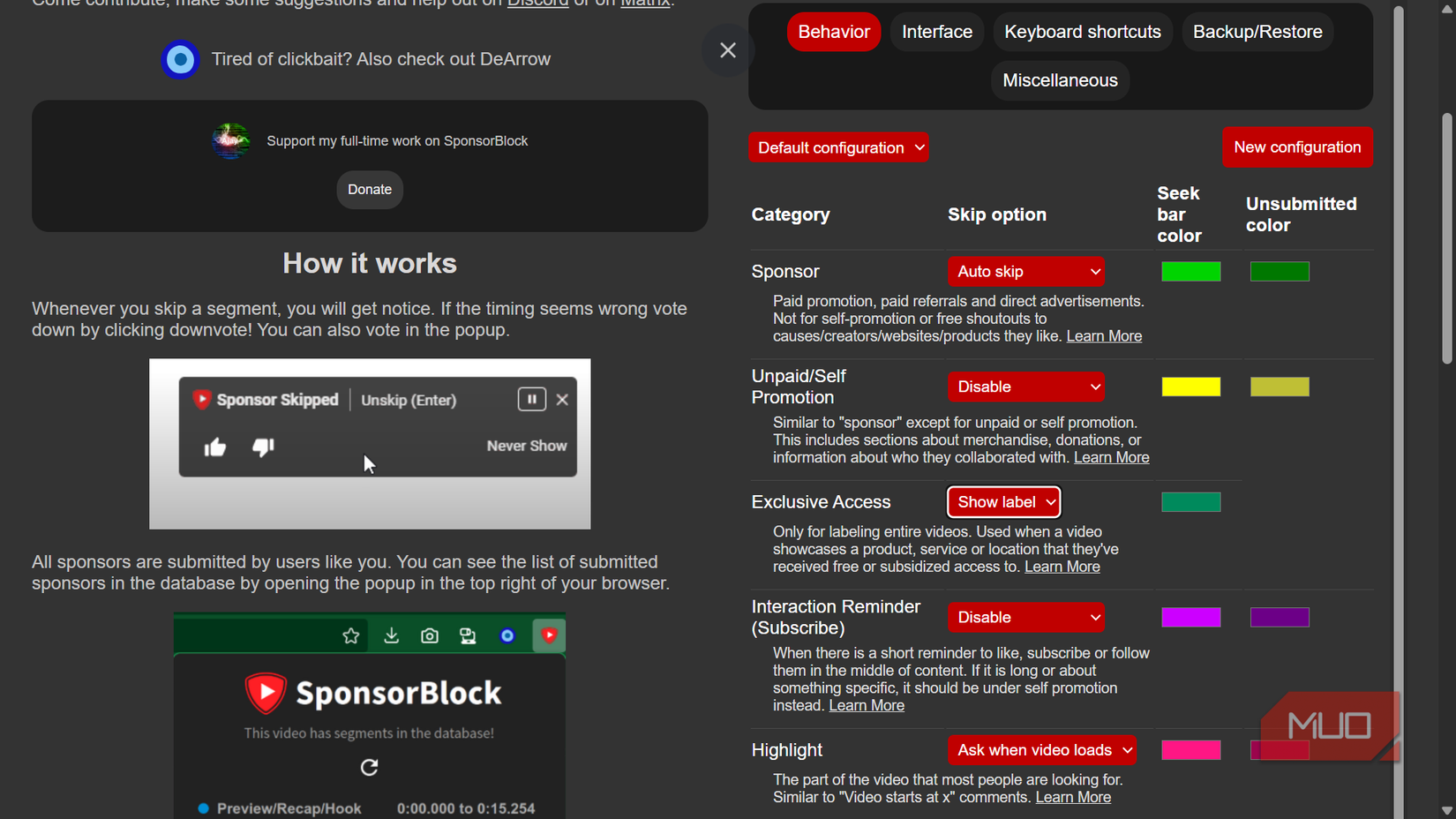 SponsorBlock settings interface showing configuration options for YouTube.