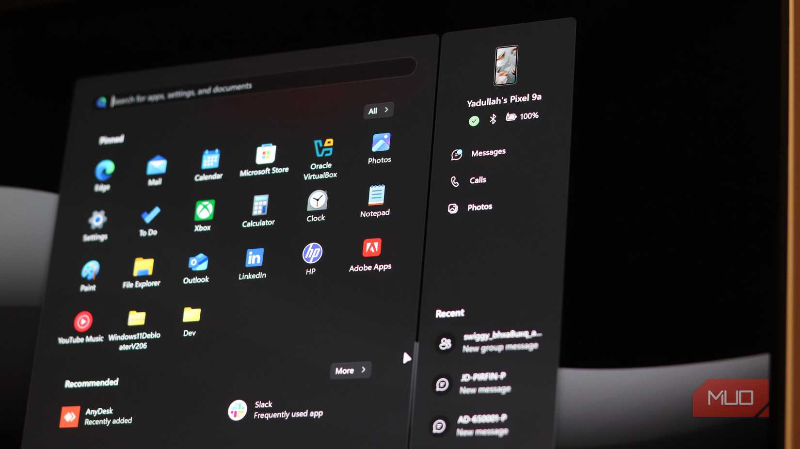 Start menu phone line panel highlight.