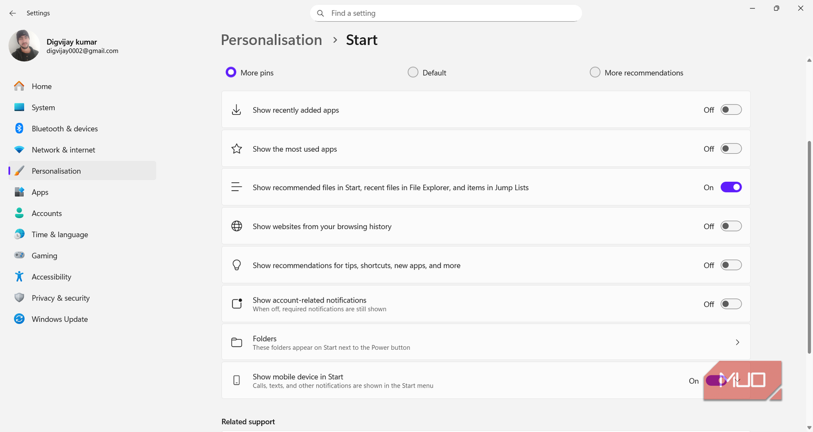 Start menu recommendation toggles in Windows 11 settings
