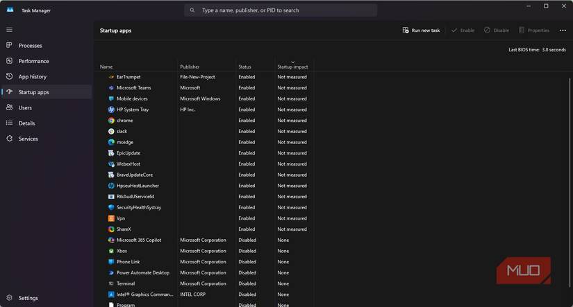 Startup apps displayed on the Windows Task Manager