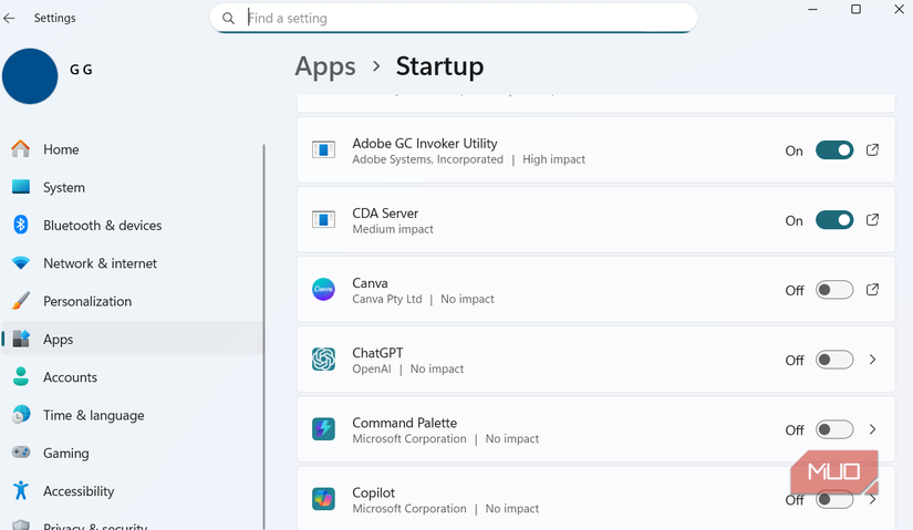 Startup apps on Windows 11 PC