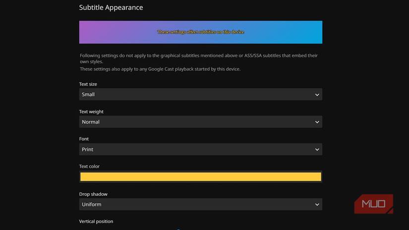 Subtitle settings in Jellyfin showcasing the Cinema Yellow style