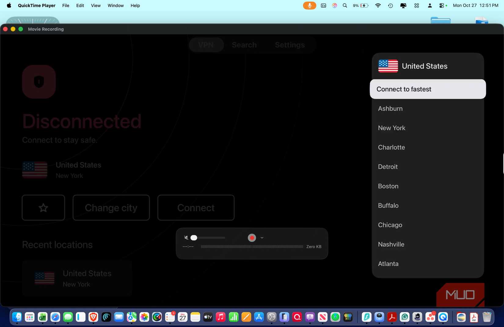 Screenshot showing Surfshark cities on Apple TV.