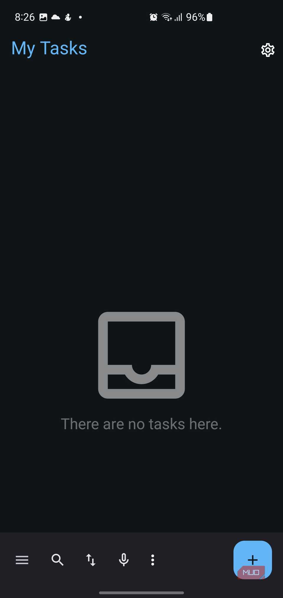 Tasks.org app showing There are no tasks here.