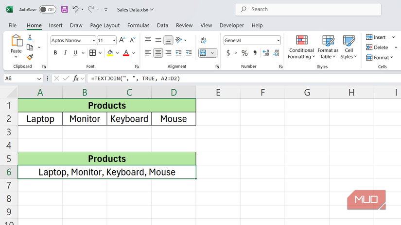 TEXTJOIN function to join product names with a comma in Excel.