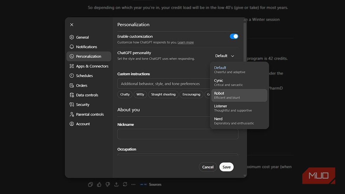 The ChatGPT personality settings in the ChatGPT web app