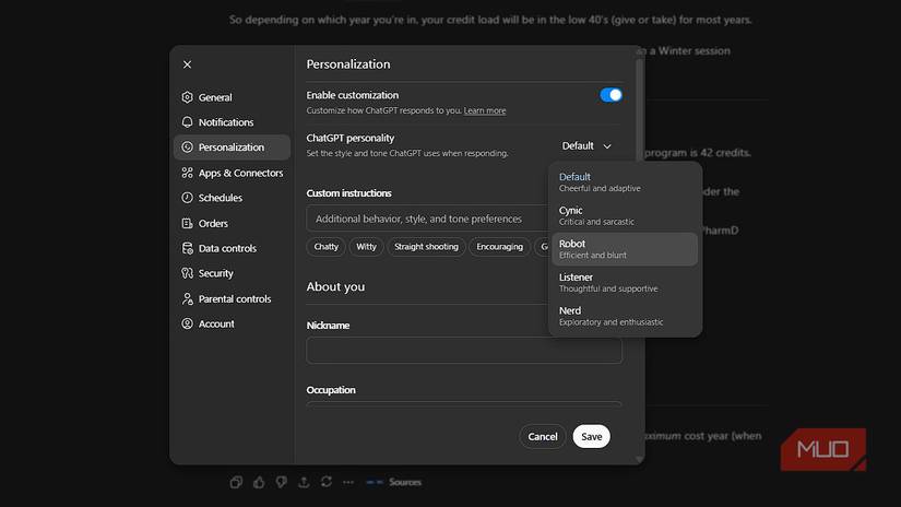The ChatGPT personality settings in the ChatGPT web app