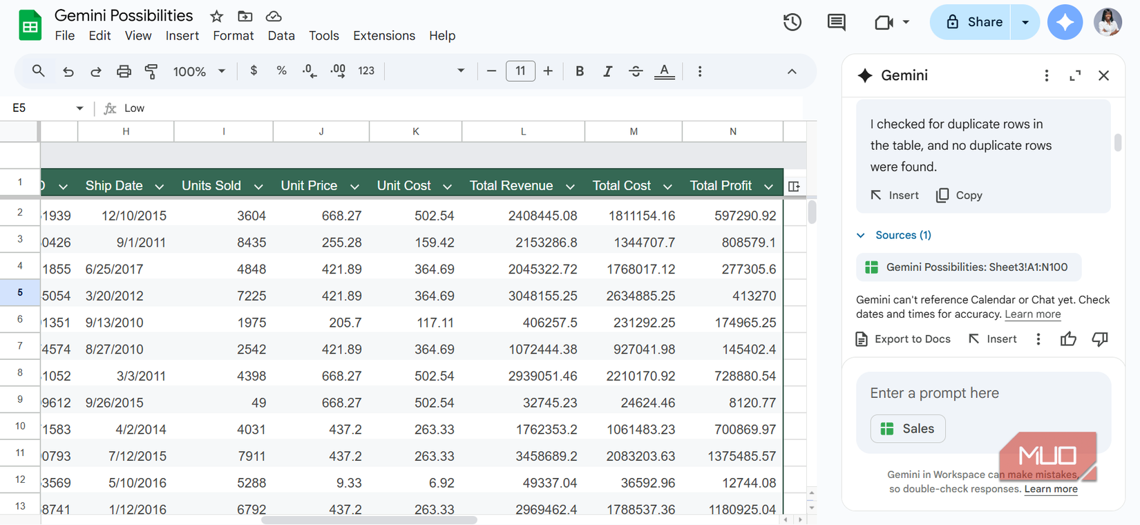 The Export to Docs option in a chat with Gemini in Sheets.